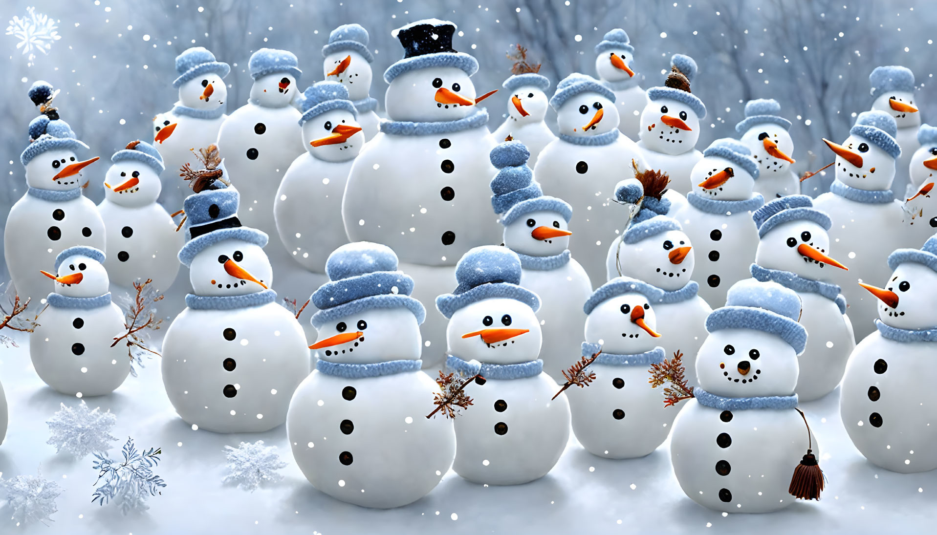 Colorful Cartoon Snowmen in Snowy Setting