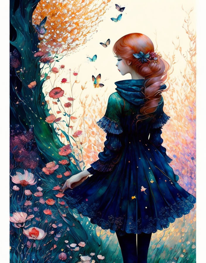 Stylized red-haired girl in blue dress in magical forest with butterflies and flowers