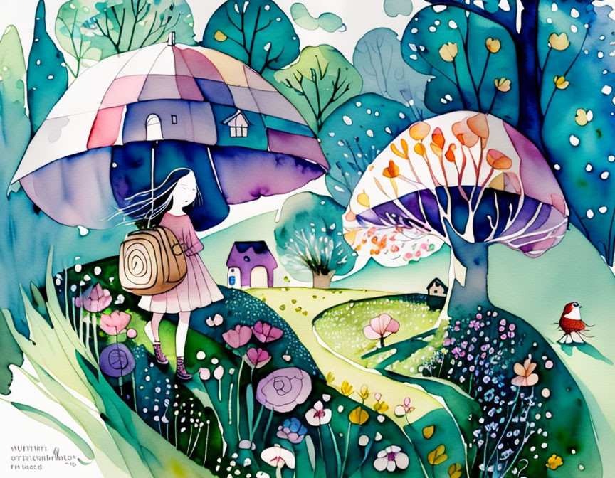 Colorful watercolor illustration of girl with umbrella in whimsical landscape