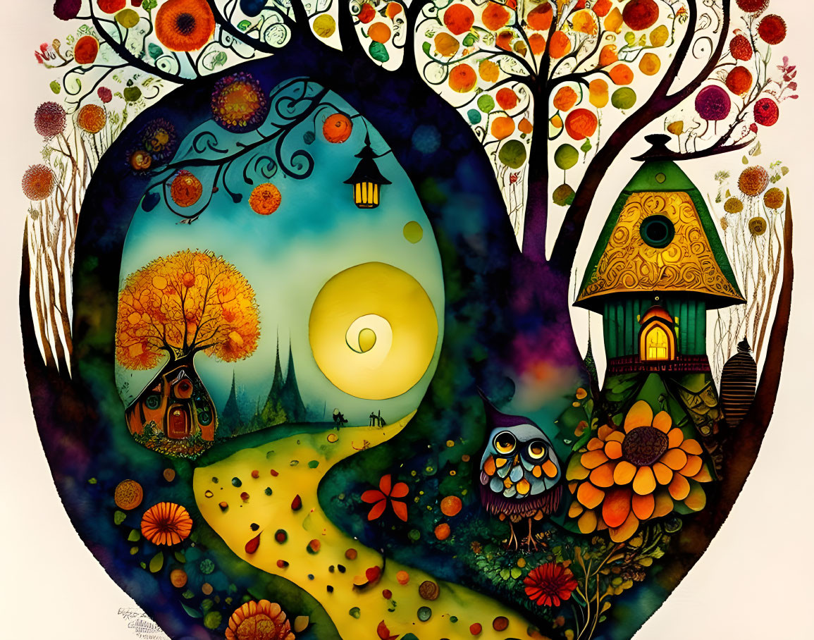 Colorful landscape with moon, houses, owl in heart silhouette