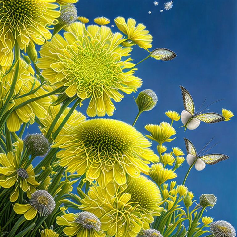 Yellow Flowers and Butterflies Against Blue Sky