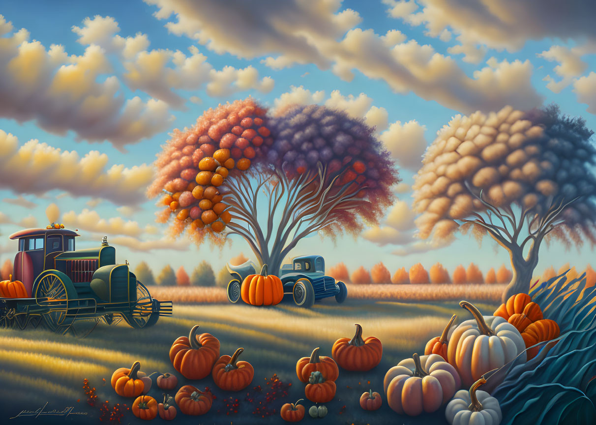 Vintage tractor, pumpkins, colorful trees in autumn scene