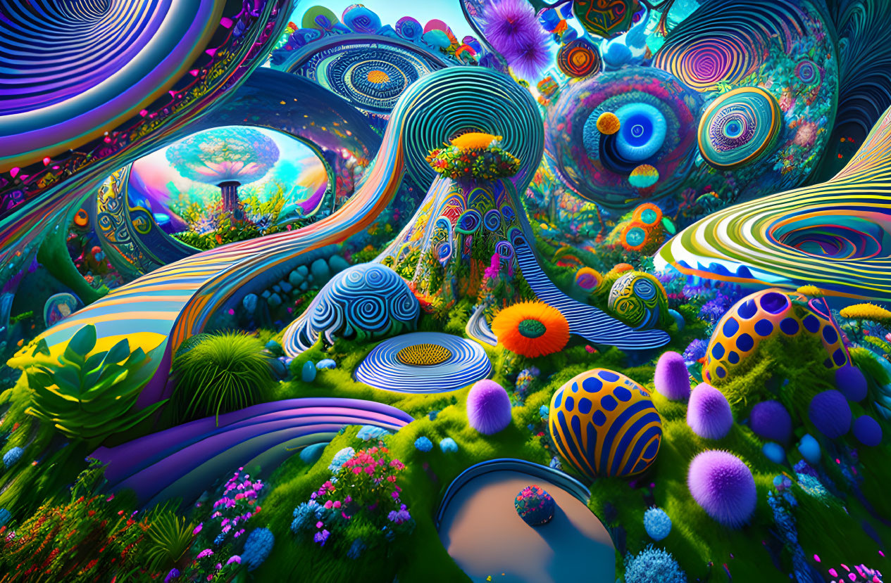 Colorful Psychedelic Landscape with Swirling Patterns and Fantastical Shapes