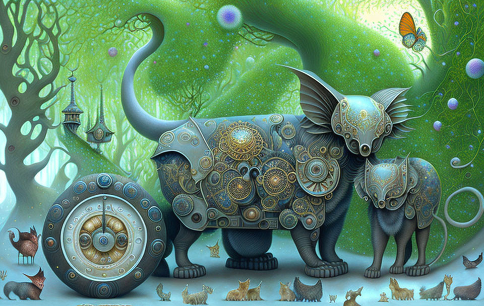 Mechanical elephants with gear patterns in whimsical landscape