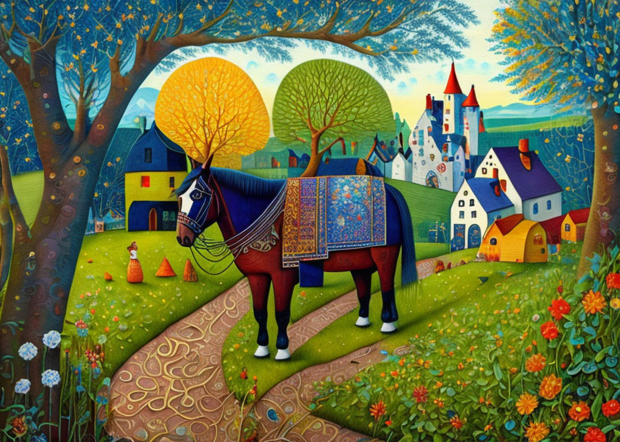 Colorful Horse Painting in Whimsical Countryside Settings