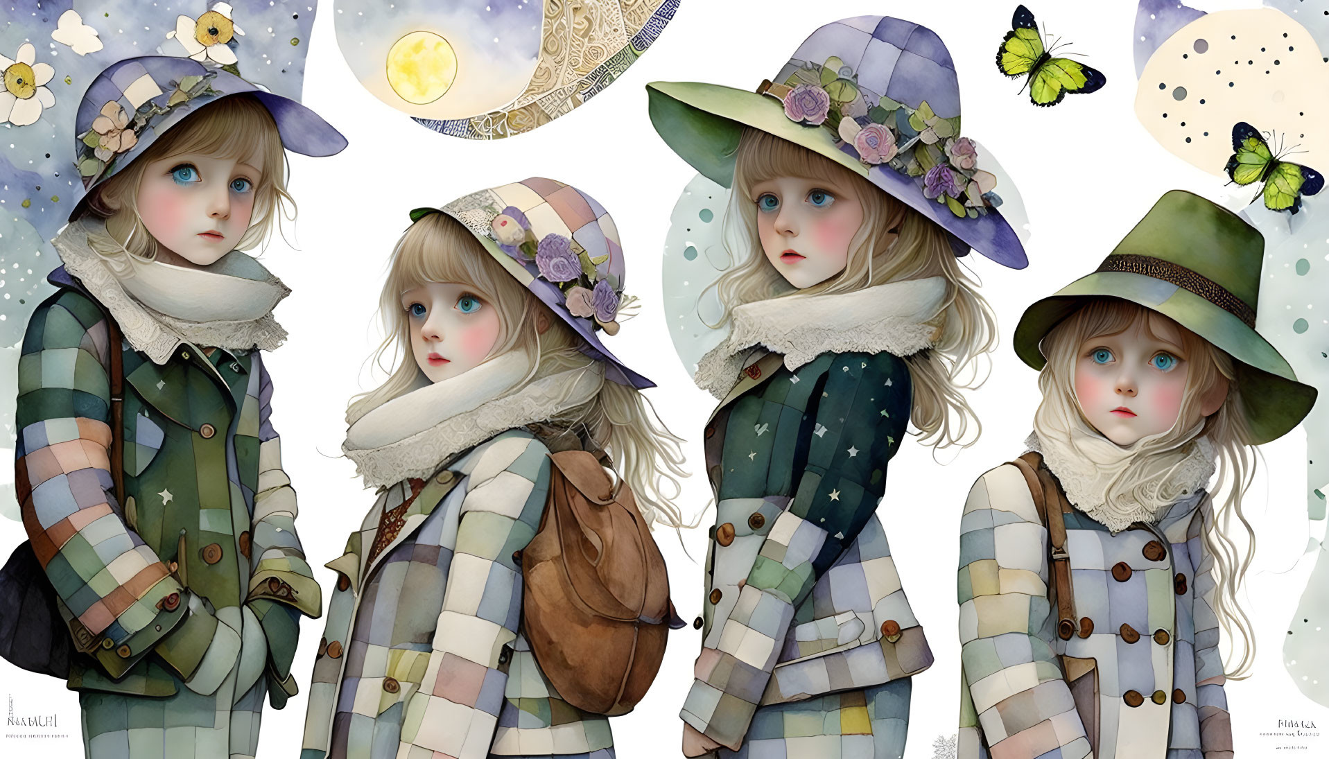 Girl with Seasonal Outfits and Hats in Spring, Summer, Autumn, Winter