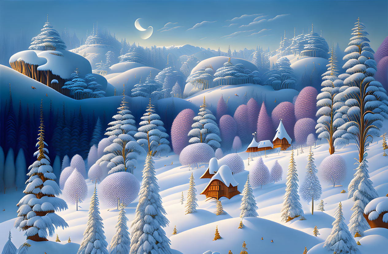 Snow-covered trees, cabins, hills, and crescent moon in serene winter landscape