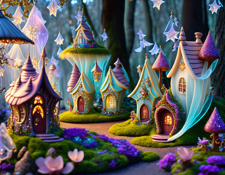 Fantasy landscape with glowing star-shaped lights and mushroom-style houses