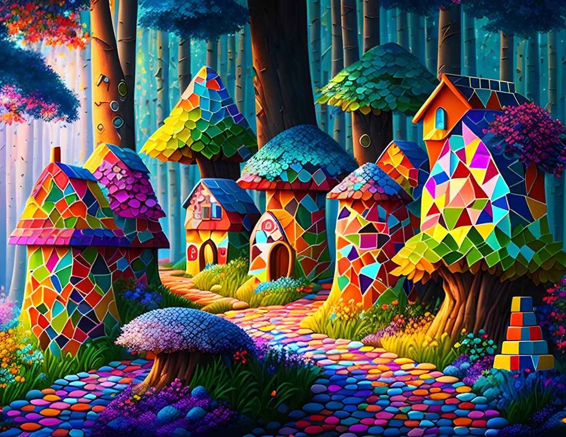 Colorful forest scene with mosaic houses, cobblestone path, and lush flora