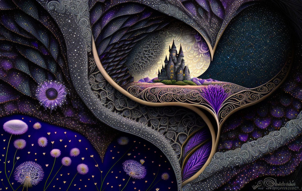 Heart-shaped fantasy landscape with castle, floral, feather-like patterns under starry sky