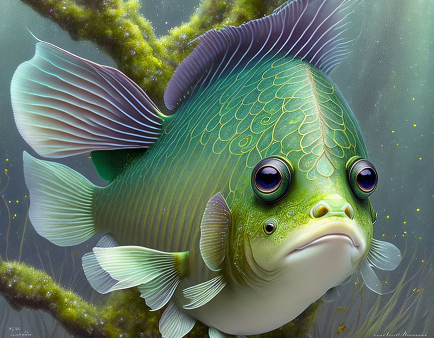 Stylized digital artwork of a fish with human-like features in a dreamy underwater scene