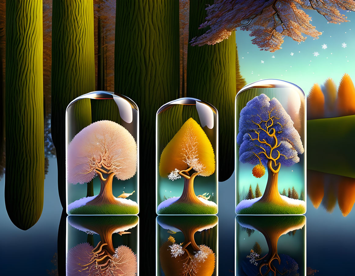 Glass capsules with miniature seasonal trees in a forest transition from autumn to winter.