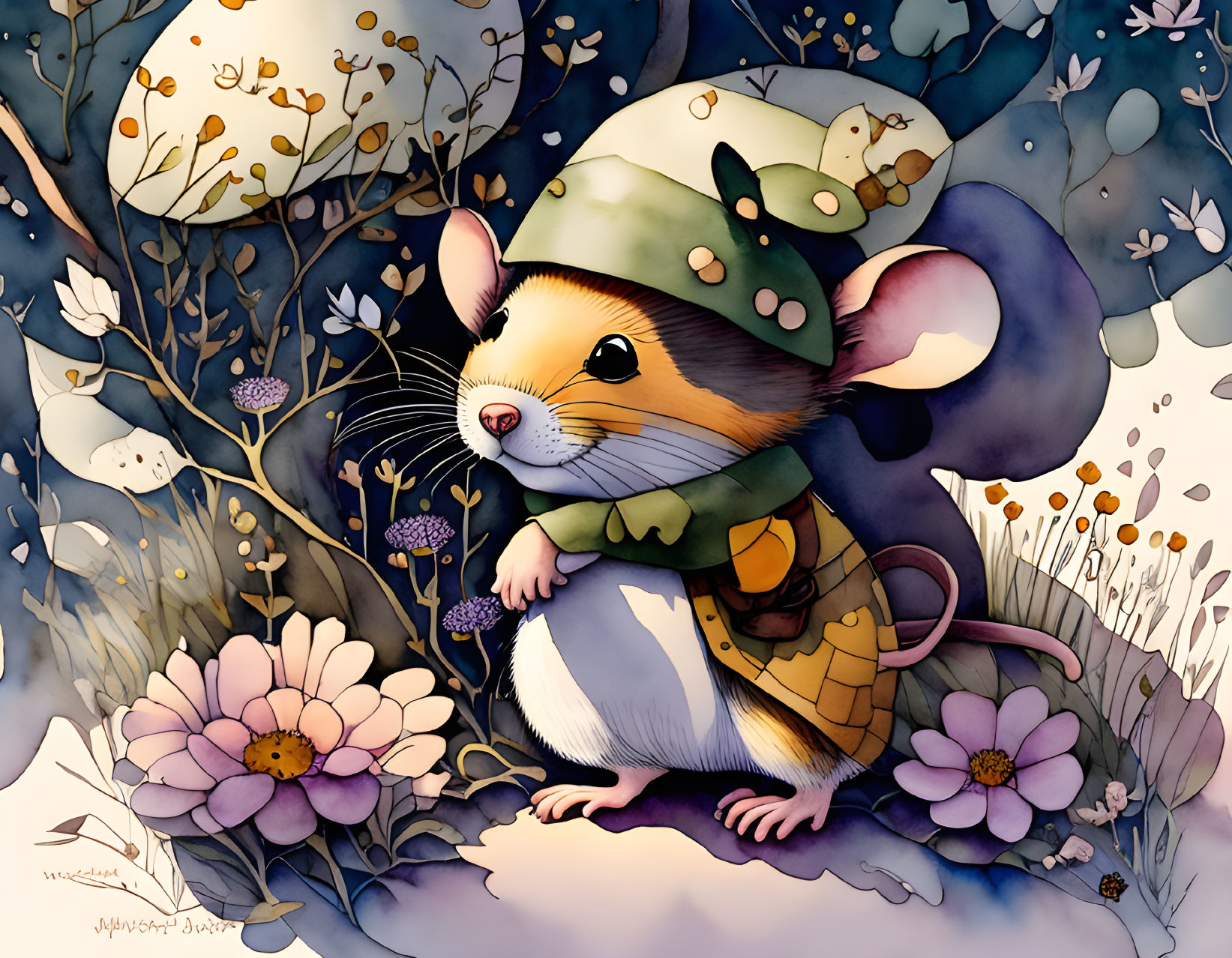 Whimsical illustrated mouse in acorn cap and scarf among flowers and foliage