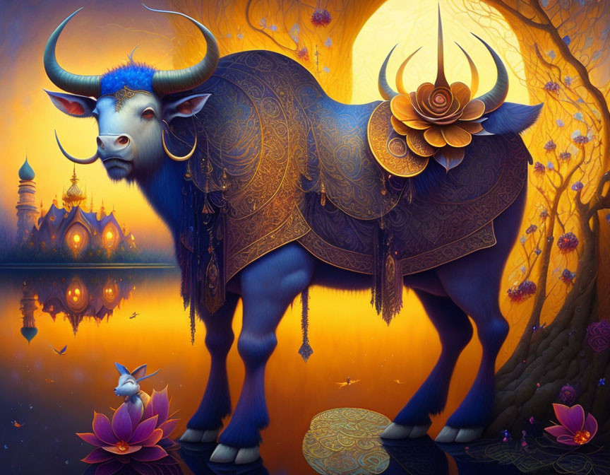 Blue armored ox by serene lake under twilight sky with spires