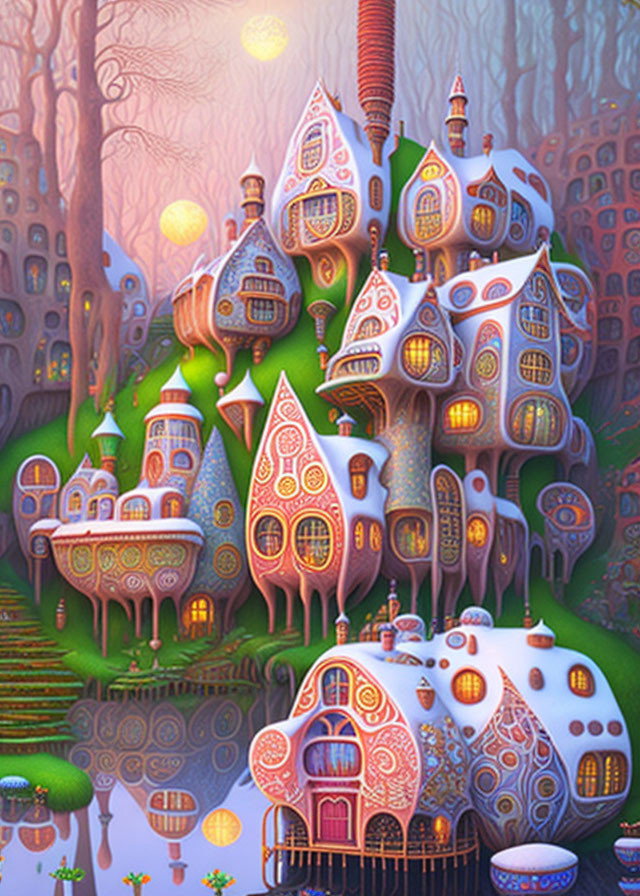 Fantasy Village with Mushroom-Shaped Houses in Forest