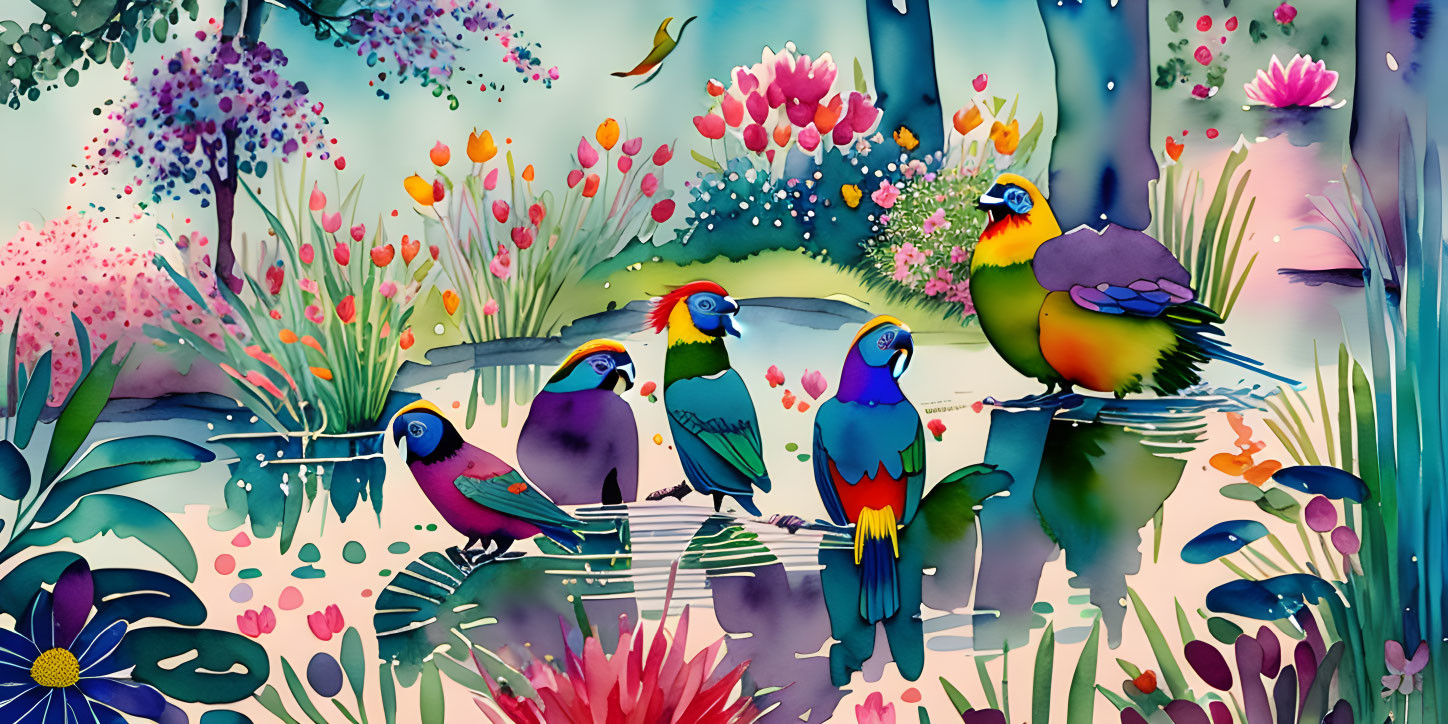 Colorful Birds Among Lush Florals in Vibrant Watercolor