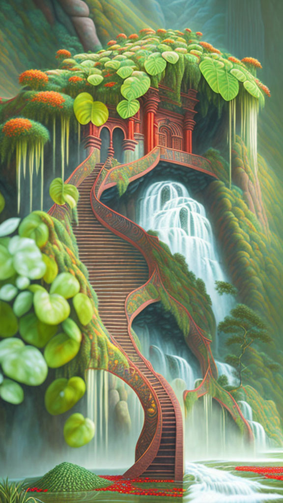 Fantastical landscape with cascading waterfall and hidden temple on lush mountaintop