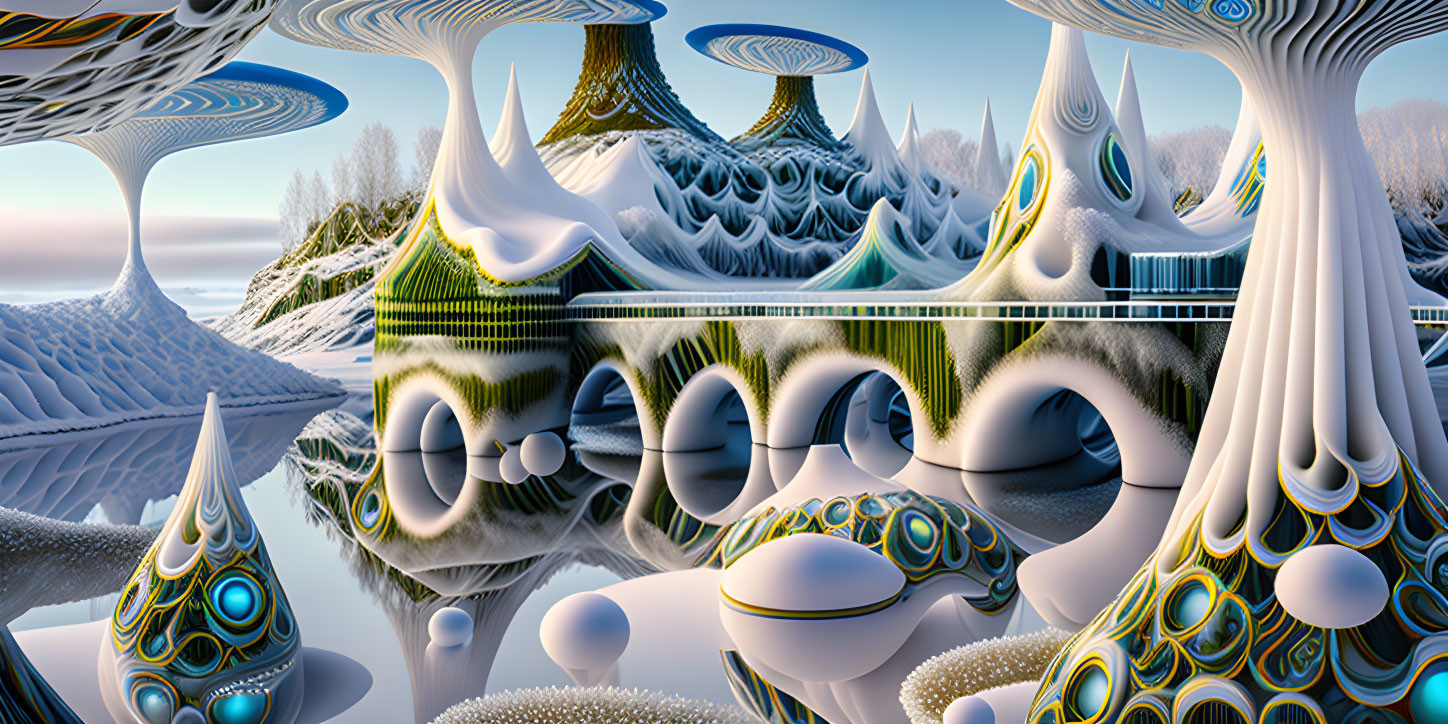 Surreal landscape with fractal-like structures and reflective surfaces