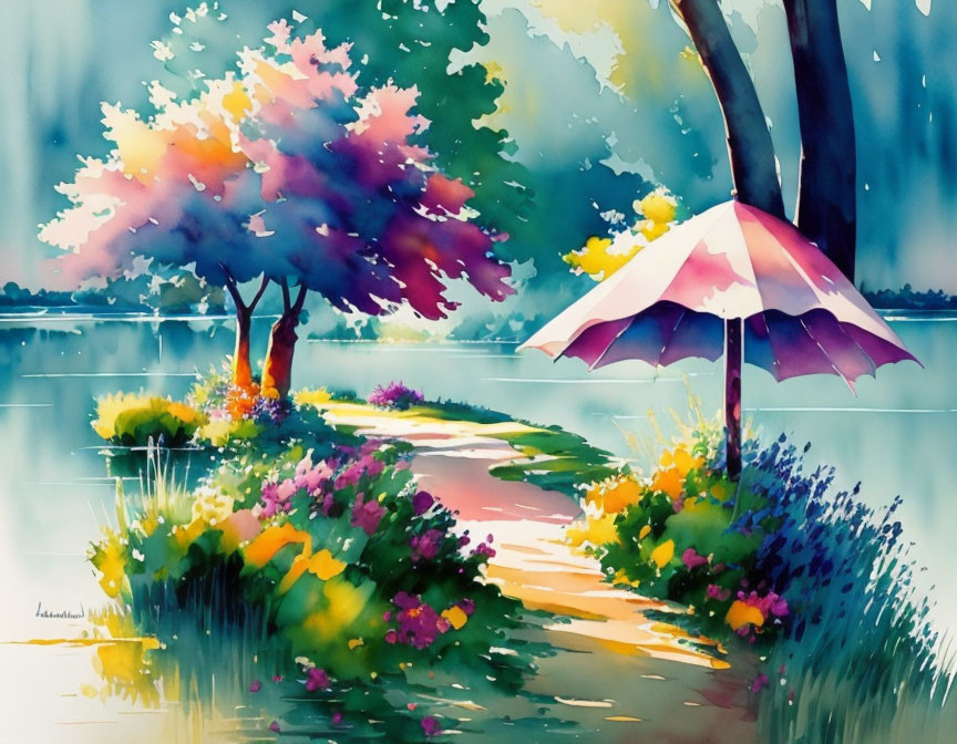 Colorful Watercolor Landscape with Lakeside Path and Blooming Flowers