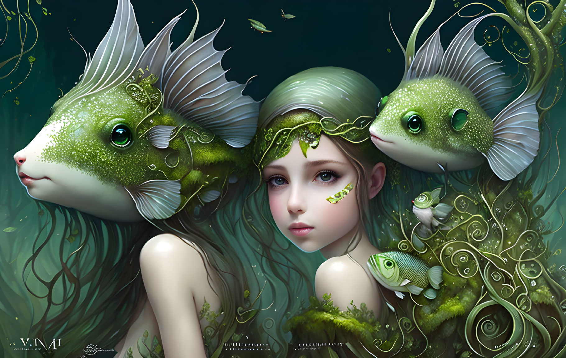 Serene female figure surrounded by fish-like creatures in intricate underwater scene