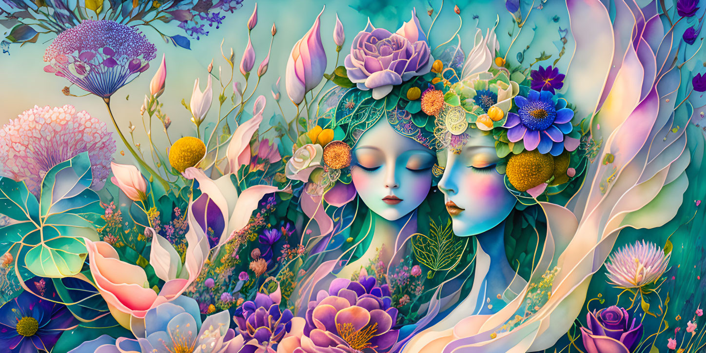 Colorful Illustration: Human Faces with Floral Elements