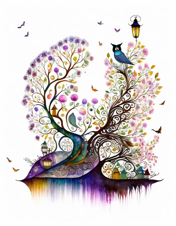 Colorful Tree Illustration with Owls, Butterflies, and Lantern