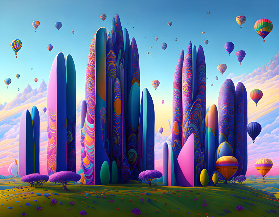 Vibrant landscape with towering spires, hot air balloons, and mushroom-like trees at sunrise or