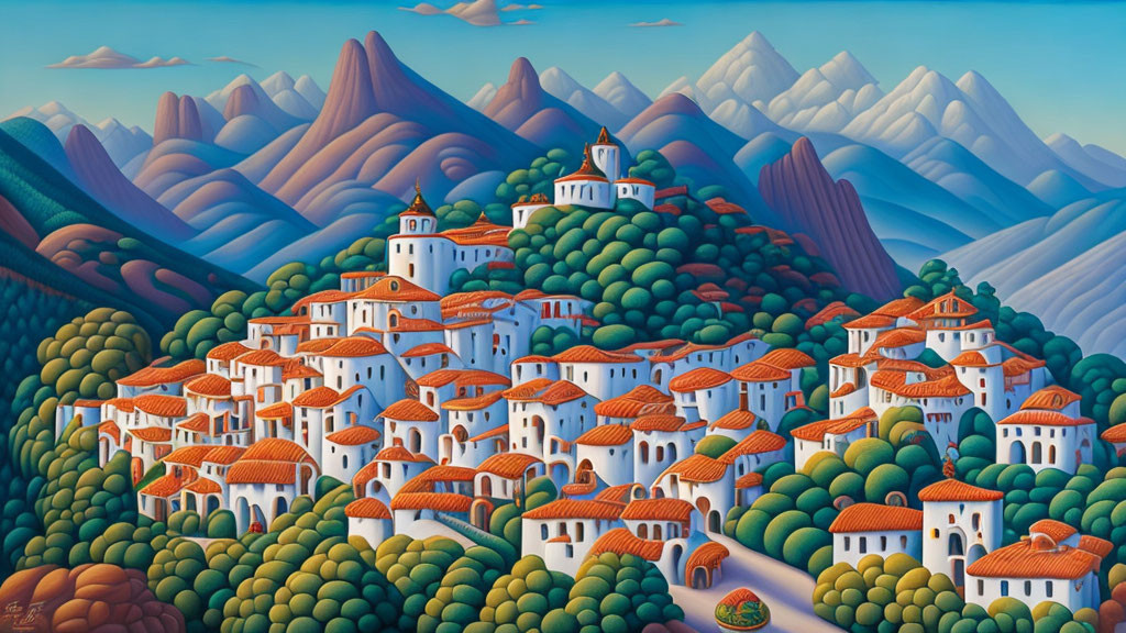 Stylized painting of clustered hilltop village with white buildings and red roofs