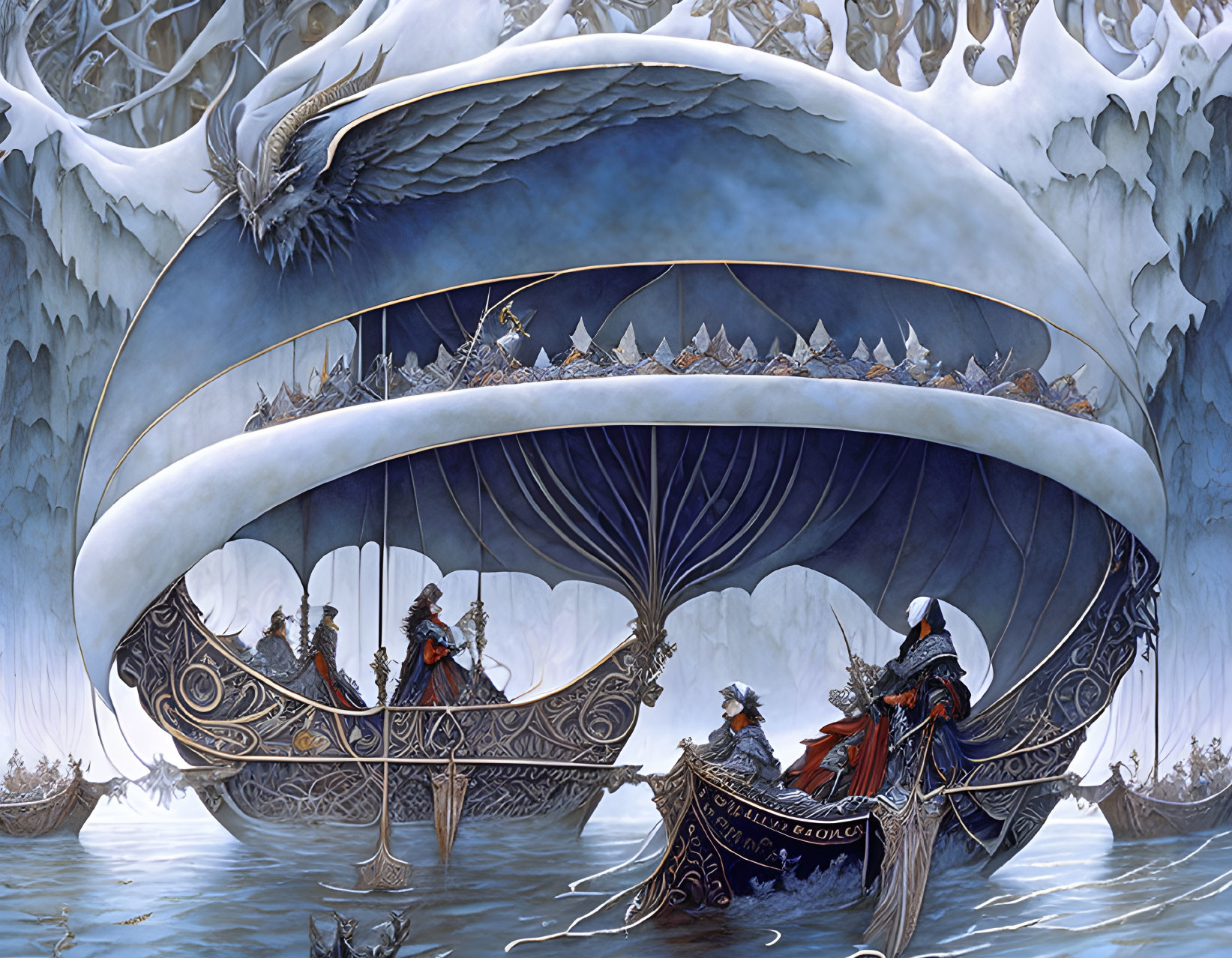 Fantasy artwork: Frosty realm, ornate boats, cloaked figures, icy dragon wings