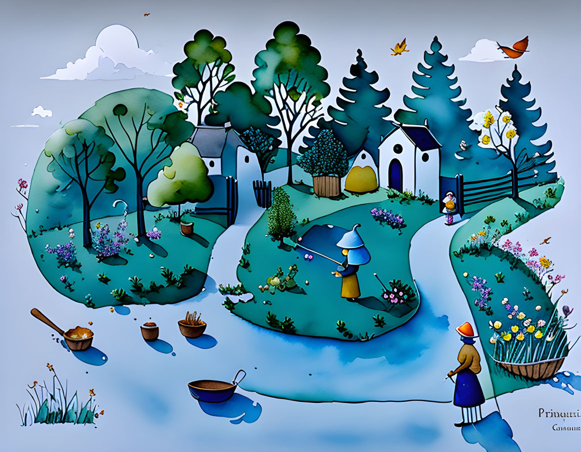 Whimsical illustration of stylized trees, houses, path, girl in yellow dress, and pond