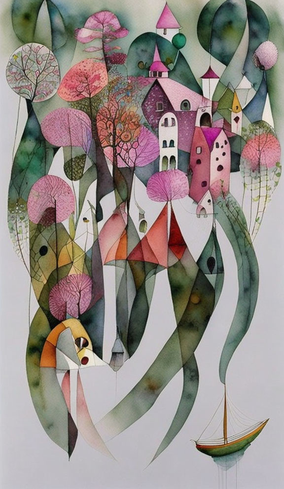 Colorful Whimsical Illustration of Trees, Houses, and Sailboat