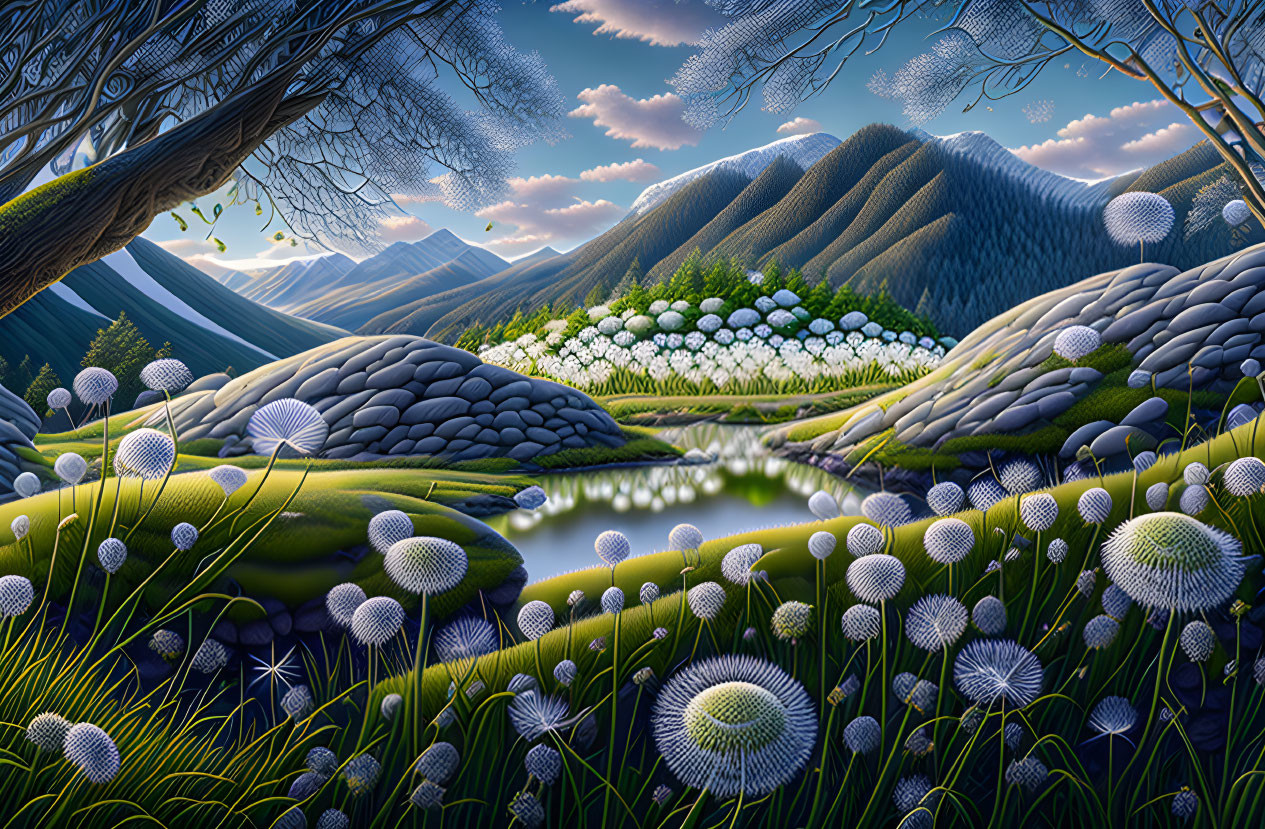 Fantastical landscape with dandelion-like plants, green hills, reflective lake, and glowing sky