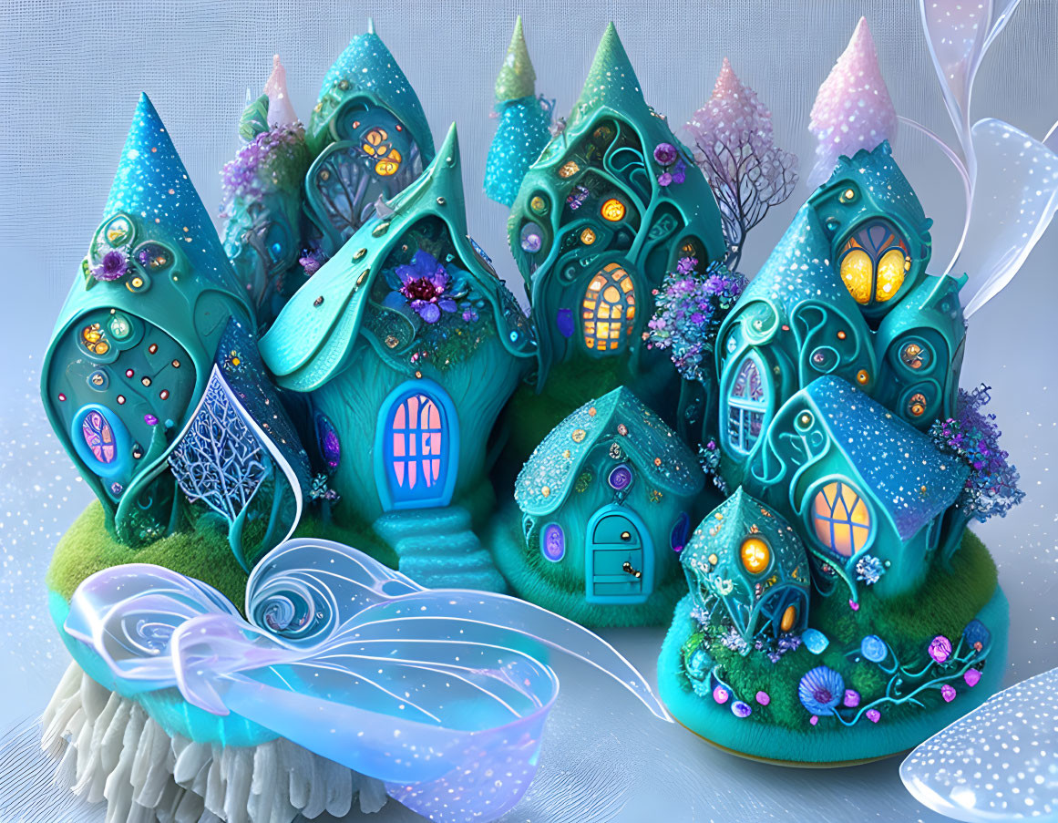 Miniature Turquoise Fairy Houses with Colorful Doors and Floral Embellishments