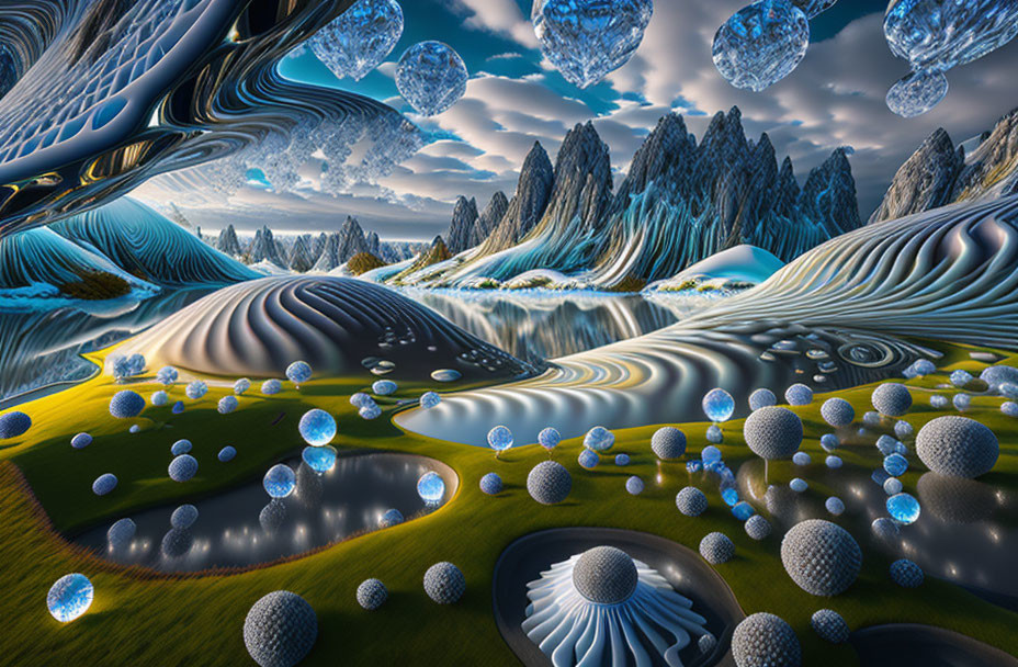 Surreal landscape with crystal spheres, undulating hills, and dreamlike sky