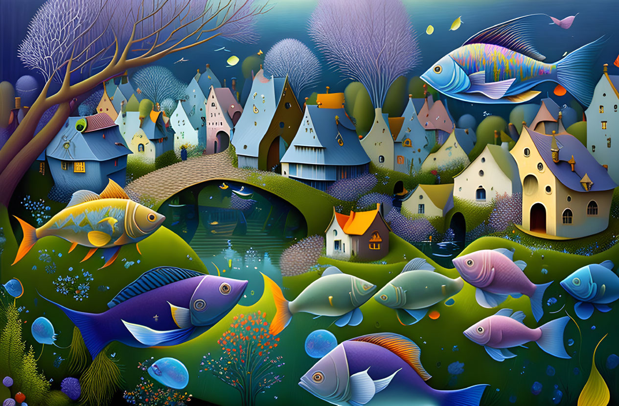 Colorful Underwater Village Illustration with Fish, Coral, and Houses