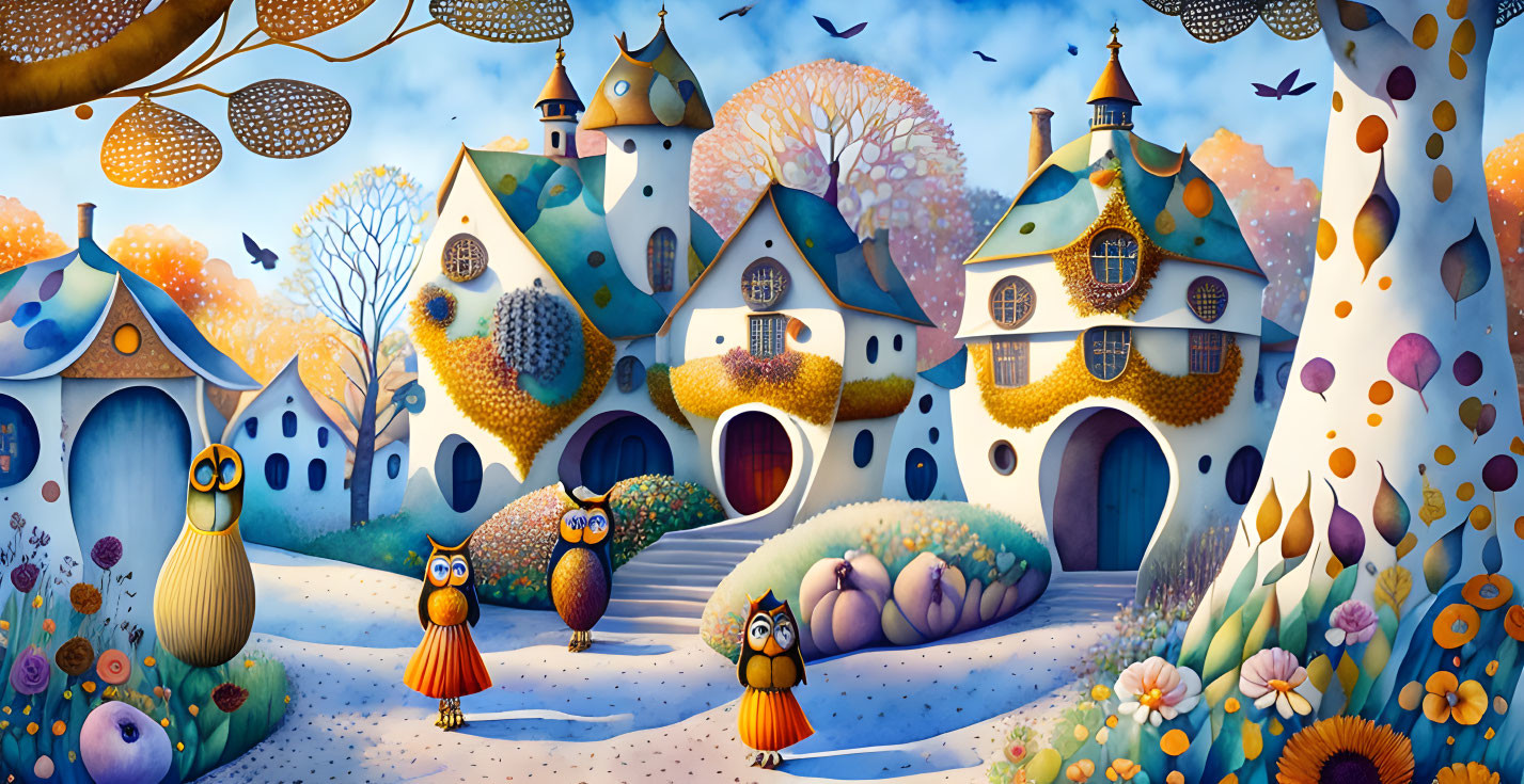 Colorful Village Illustration with Anthropomorphic Owls and Fairy-Tale Houses