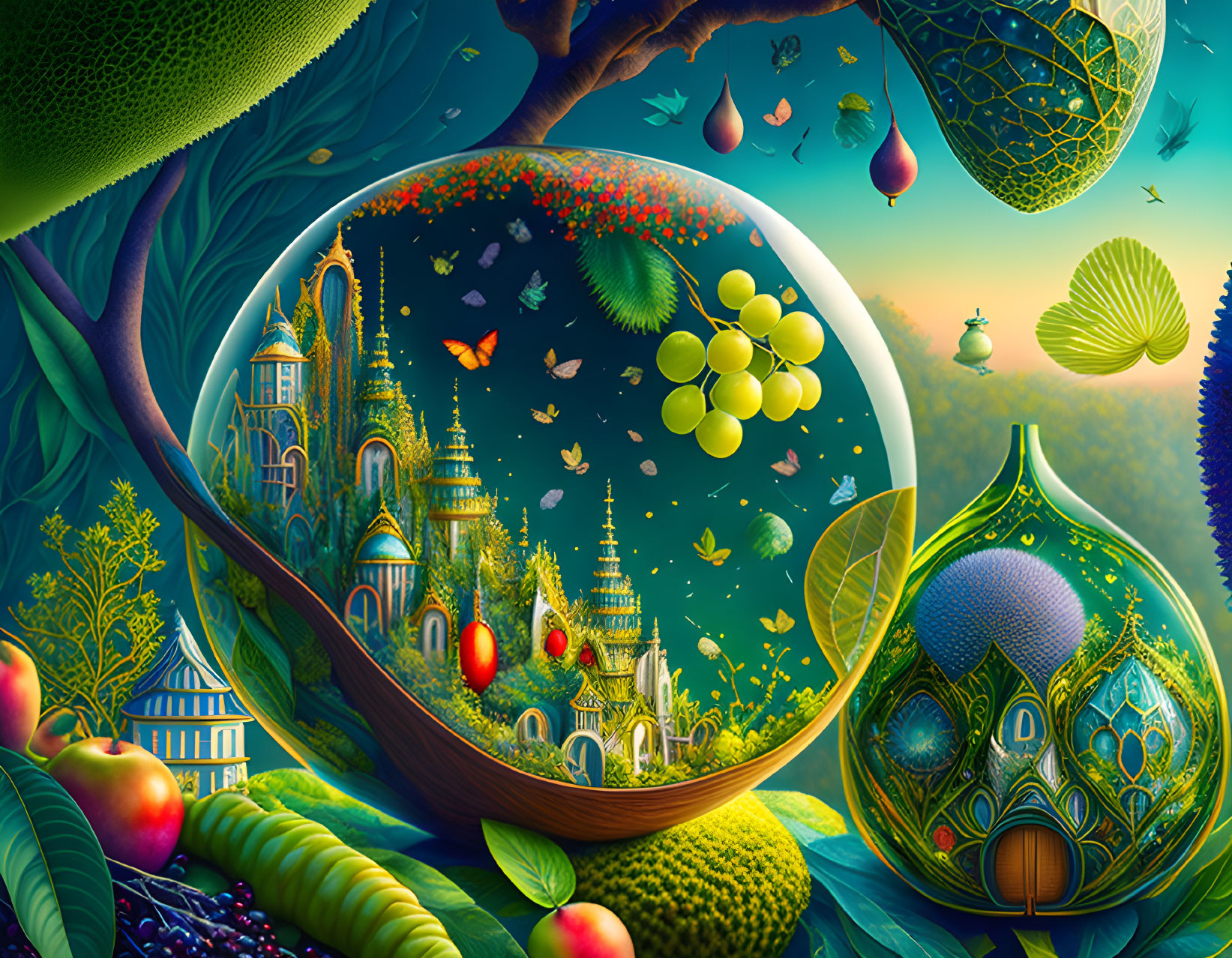 Fantastical ecosystem in halved fruit with golden castles, diverse flora, fauna, under starred