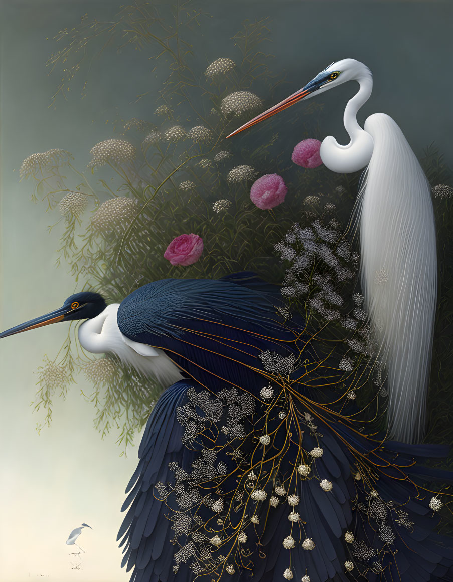 Great Egret and Tricolored Heron in Floral Setting with Tiny Bird