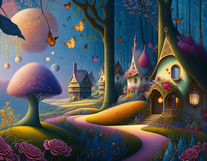 Enchanting moonlit landscape with mushroom trees, glowing paths, cottage & butterflies