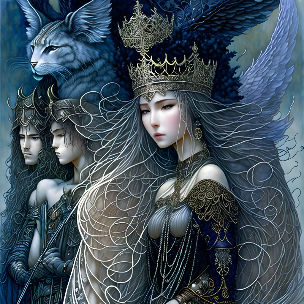 Ethereal queen with silver crown, flanked by armored warriors and ghostly lynx