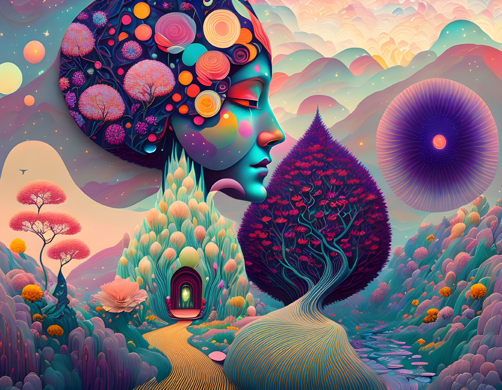 Vibrant surreal illustration: Woman's profile with landscape hair, trees, path, and colorful flora