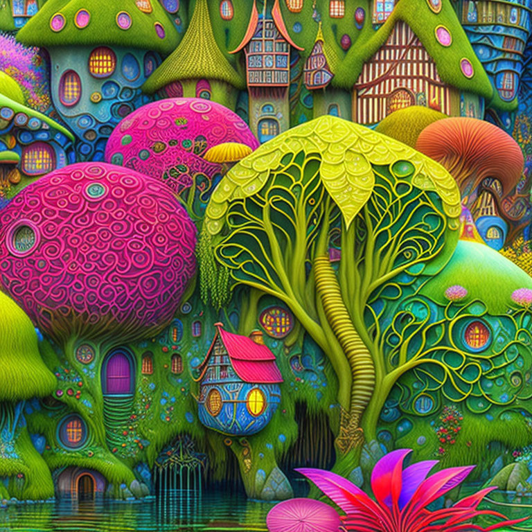 Colorful Whimsical Fantasy Landscape with Detailed Stylized Elements