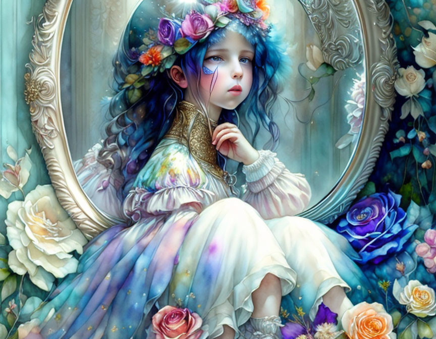 Young girl with floral wreath near mirror in fantasy illustration