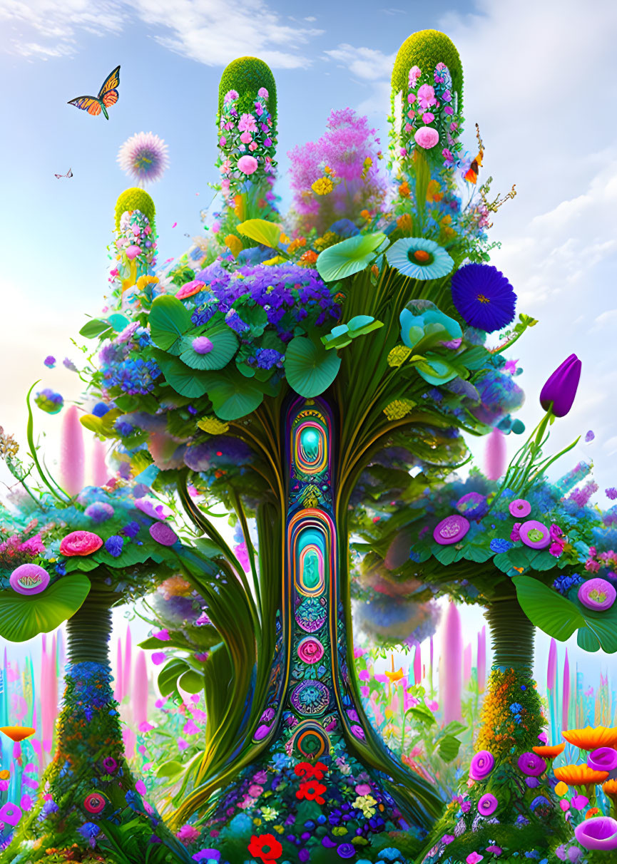 Colorful surreal landscape with vibrant tree and flowers under blue sky