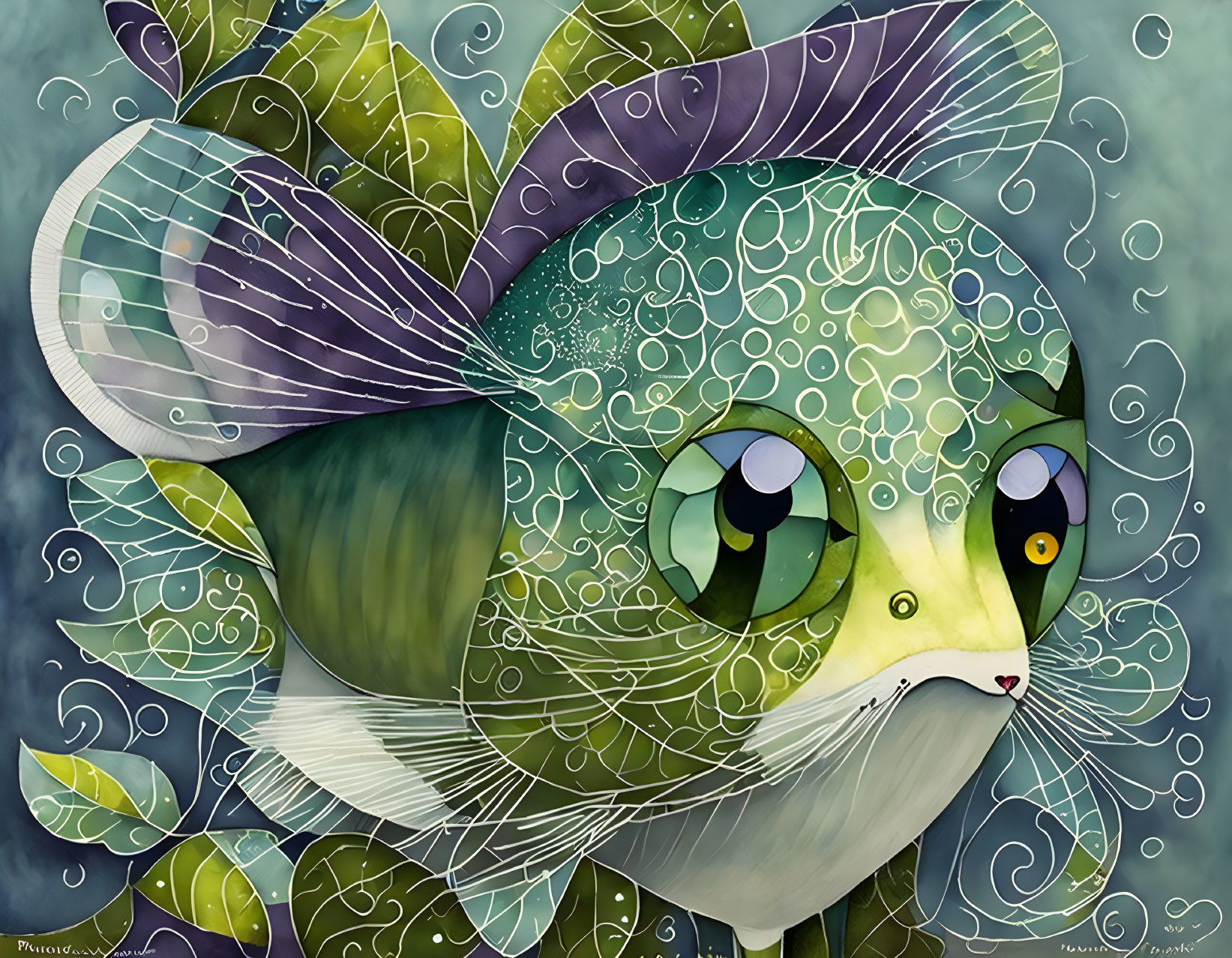 Whimsical cat illustration with leaf patterns and green eyes on blue background