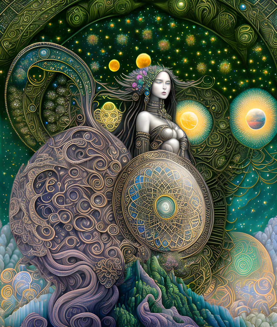 Woman in cosmic and nature-inspired setting with celestial bodies and fantastical landscape.