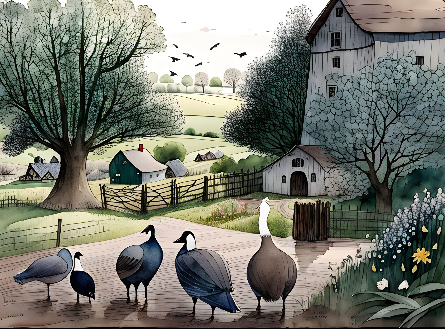 Rustic countryside illustration with birds, house, trees, and hills