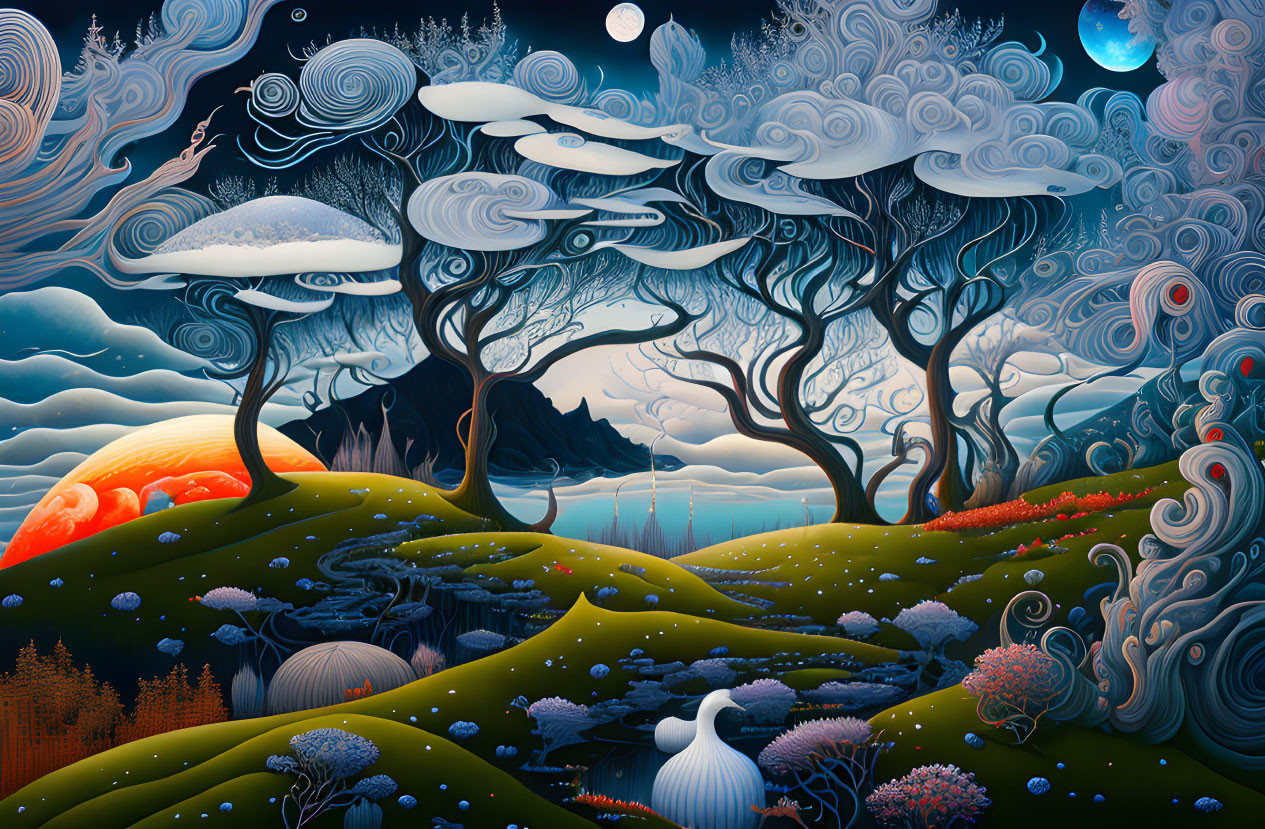 Surreal Landscape: Stylized Trees, Swirling Clouds, Vibrant Sunset