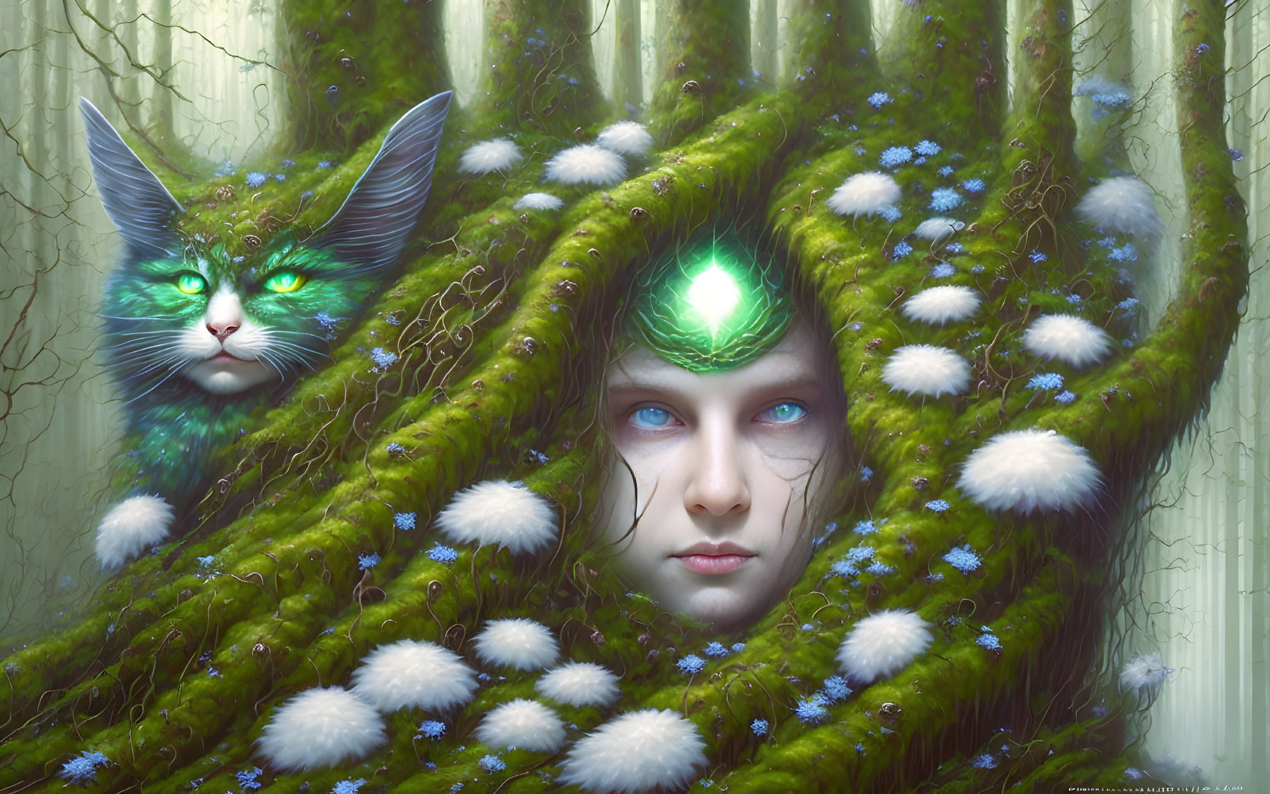 Surreal artwork: Woman's face in moss branches with blue-eyed cat, green symbols, white