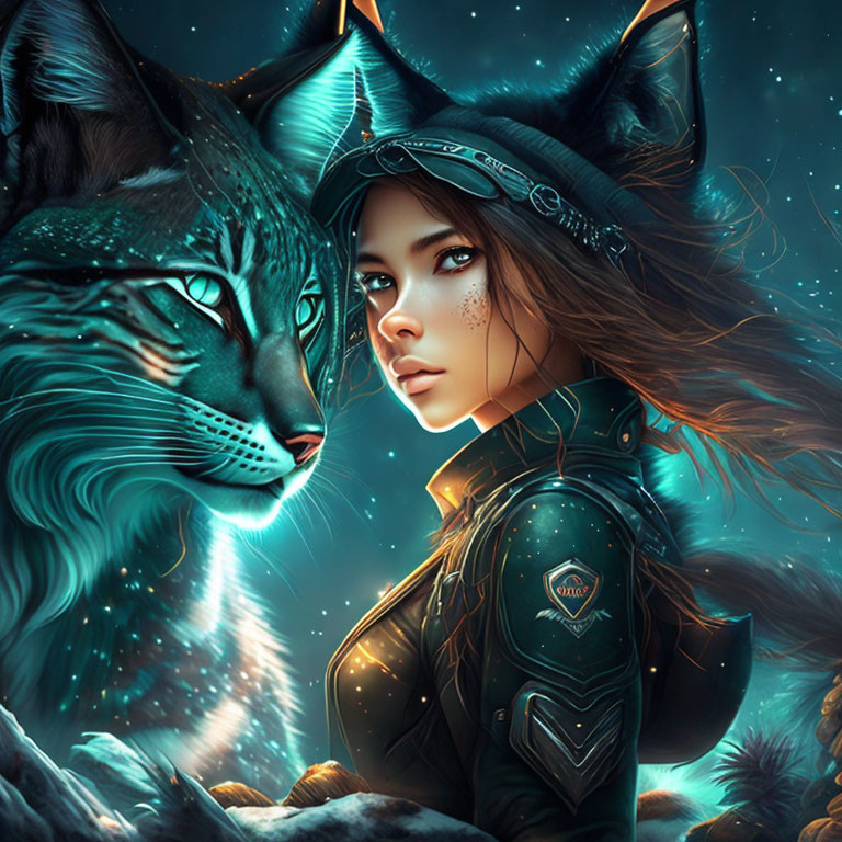 Woman with cat-like features and spectral cat in starry night scene